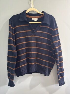 Orvis Navy Sweater with Brown Stripes and Open Polo Collar